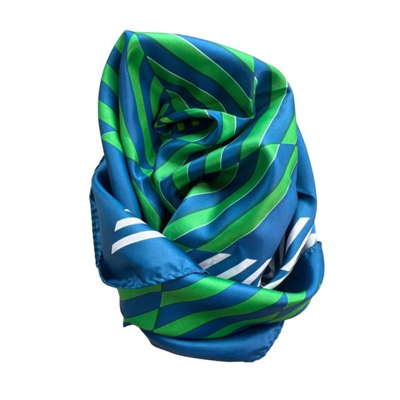 Vintage Geo Stripe Square Scarf Lightweight Neck Wrap Bandana Blue & Green - Picture 2 of 4